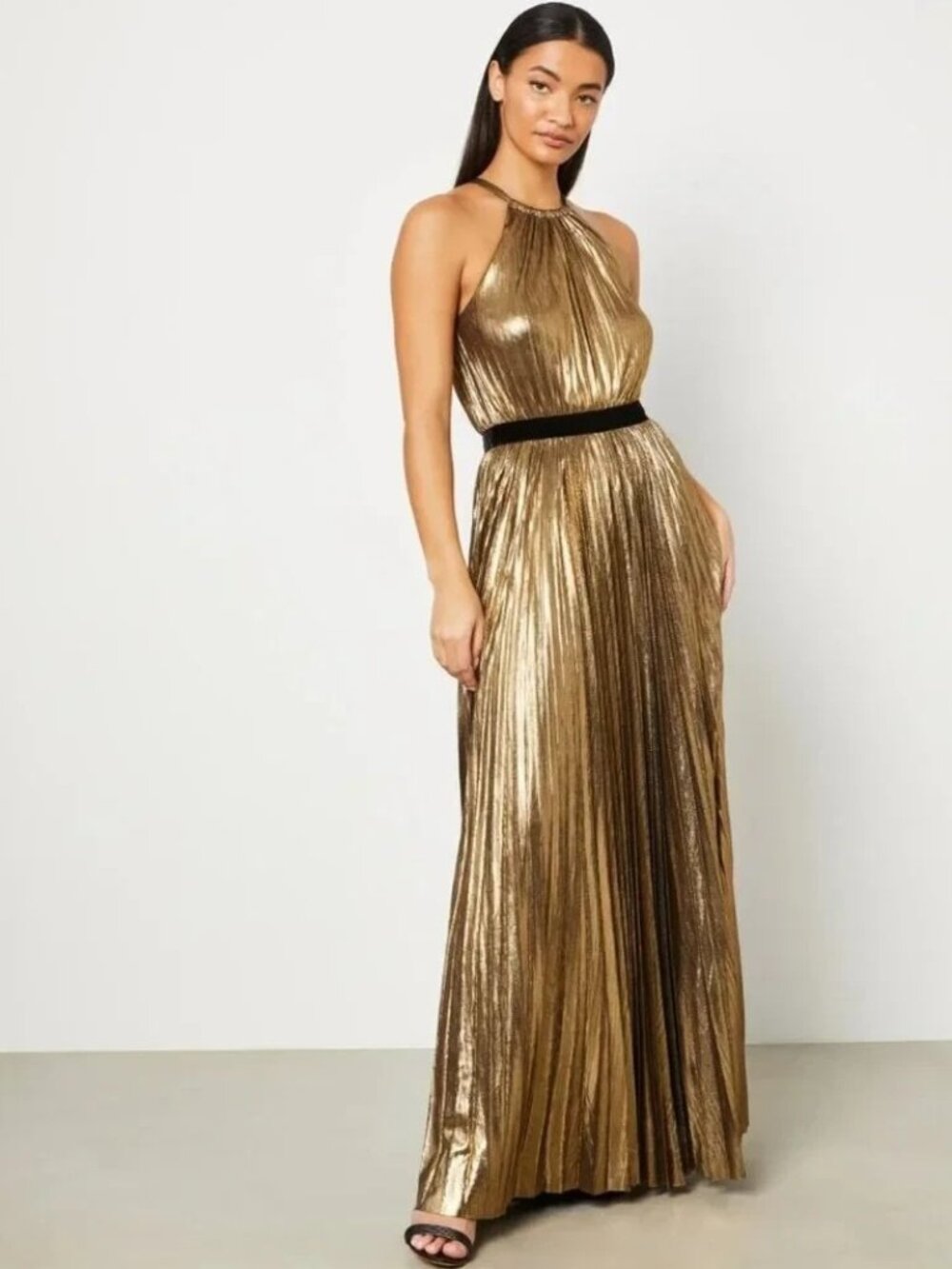 NWT BCBG MaxAzria Starling Gown in Gold Metallic Pleated Halter Maxi Dress XS